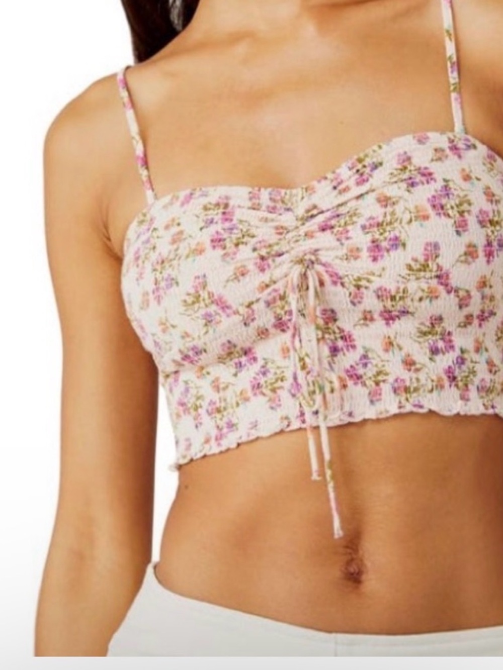 Free People Pink Floral Smocked Drawstring Crop Top